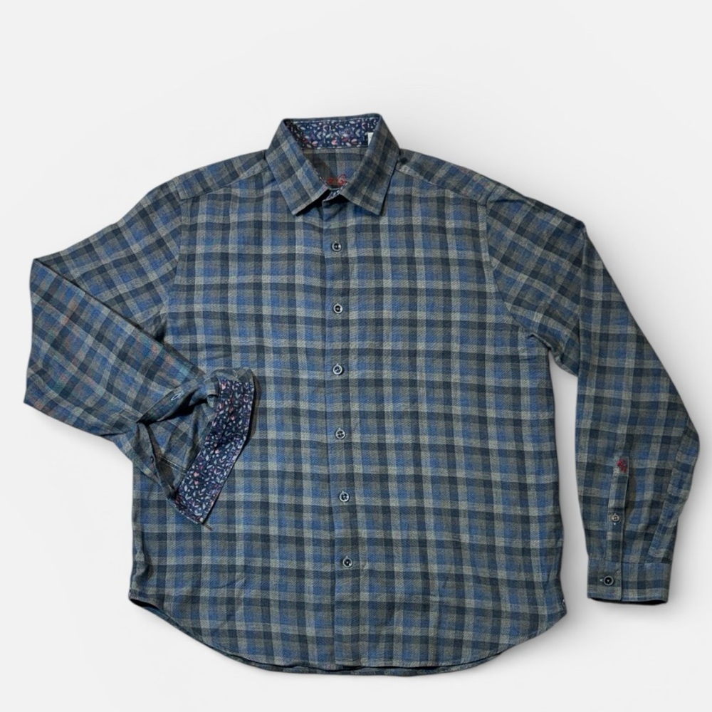 Robert Graham mens L Large blue gray check plaid flip cuff button up shirt EUC